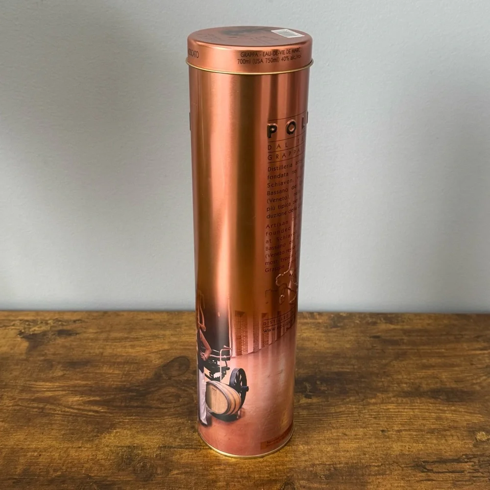Poli Po’ Moscato Grappa Copper Metal Gift Tube‎ Distillery Display Tin